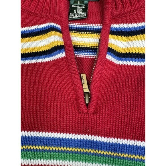 Lauren Ralph Lauren 1/4 Zip Mens Small Red Stripe Sweater - Picture 4 of 7